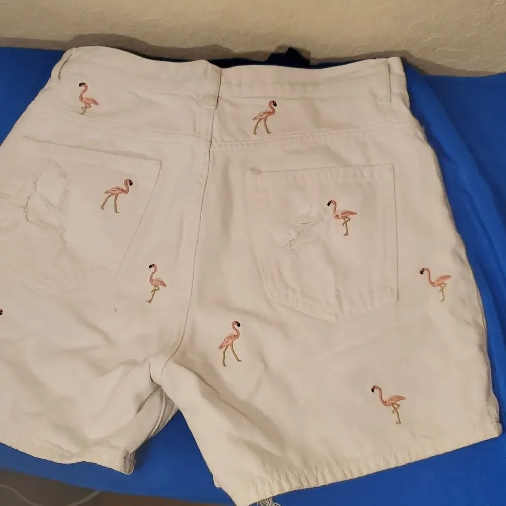 Zara Basic White Flamingo Embroidered Denim Shorts Distressed Jean Size 4